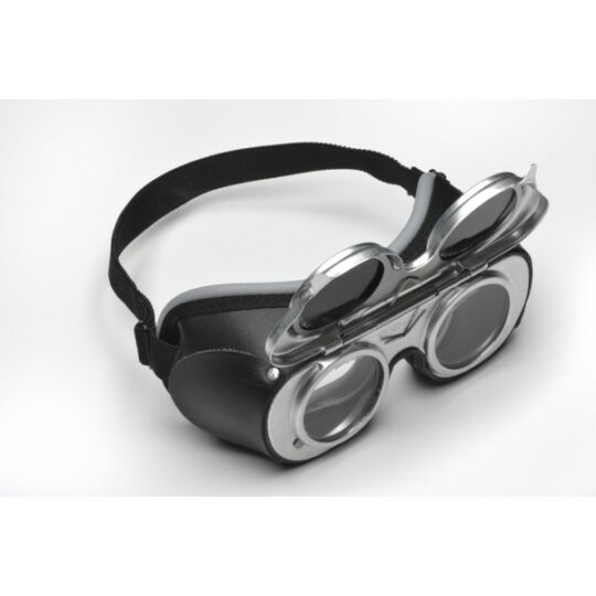 Fixed colorless eyepiece and flip-up tinted eyepiece, with protective bead
